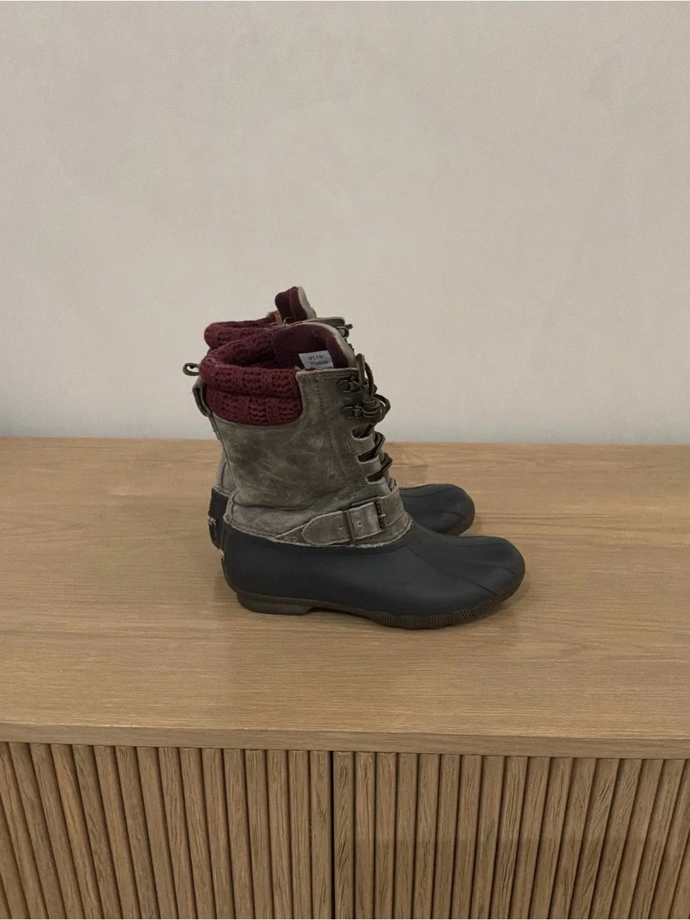 Sperry Gray Suede & Black Rubber Duck Boots with Burgundy Knit Cuff